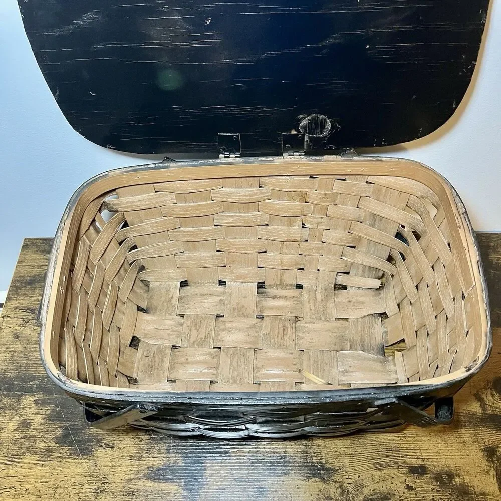 Vintage Woven Wood Picnic Basket w Lid Black Farmhouse Rustic Storage Basket